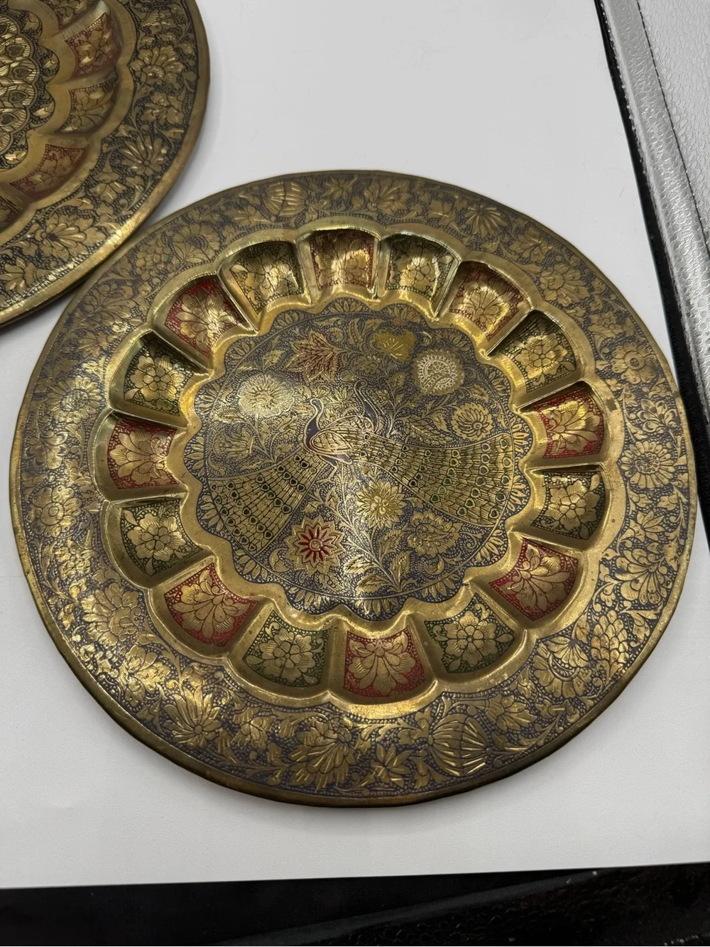 Vintage Lot of 2 Floral Etched Painted Brass Peacock Decorative Wall Hanging